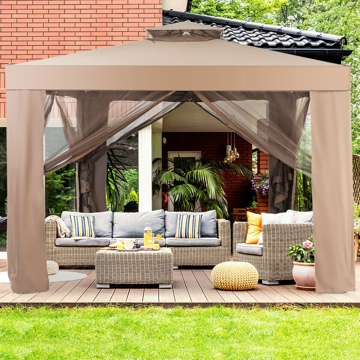 Canopy Gazebo Tent Shelter Garden Lawn Patio with Mosquito Netting-Beige