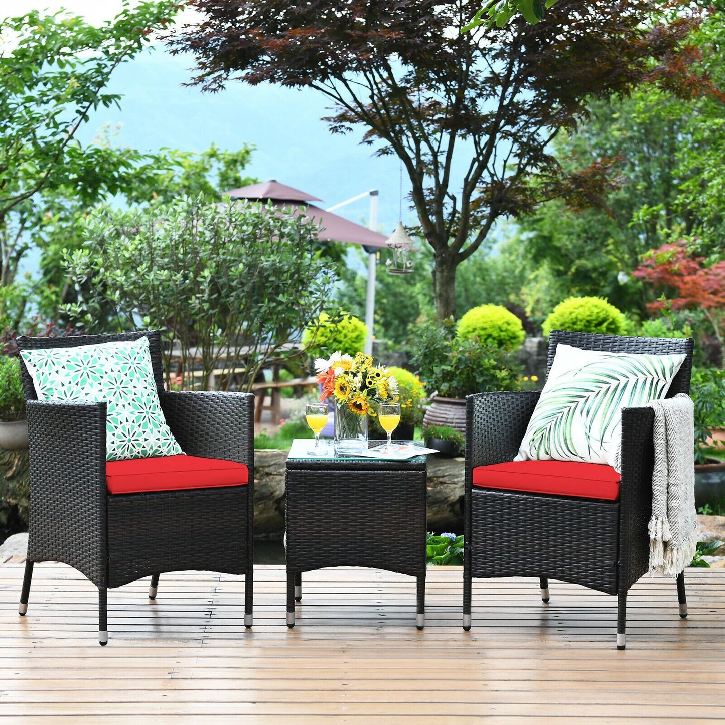 3 Pcs Patio Furniture Set Outdoor Wicker Rattan Set-Blue