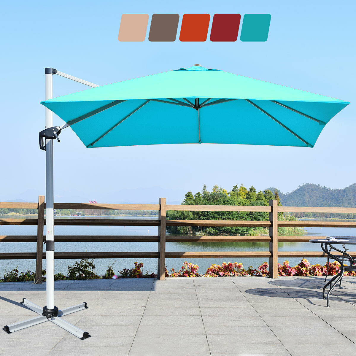 10 ft 360 Degree Tilt Aluminum Square Patio Offset Cantilever Umbrella without Weight Base-Blue