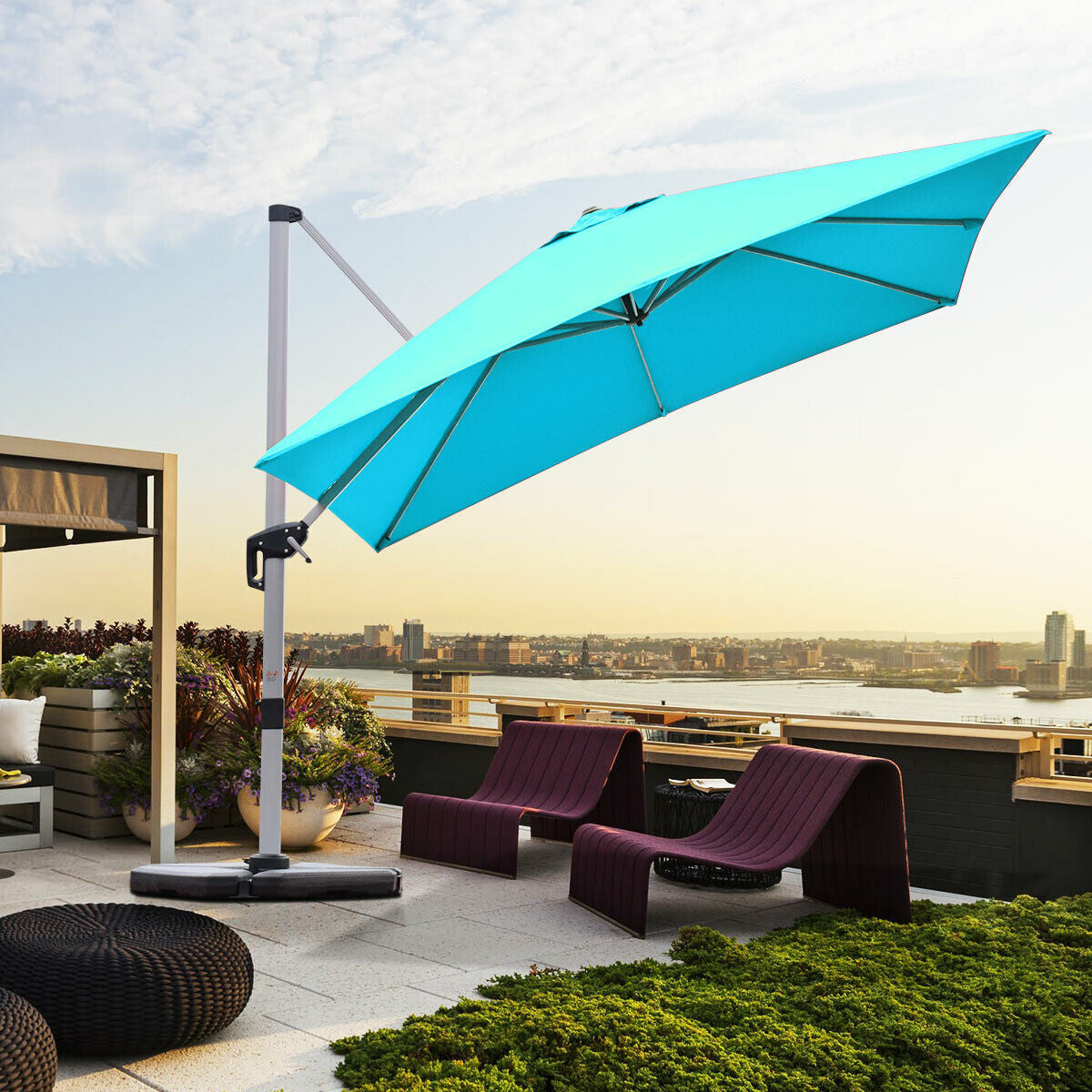10 ft 360 Degree Tilt Aluminum Square Patio Offset Cantilever Umbrella without Weight Base-Blue