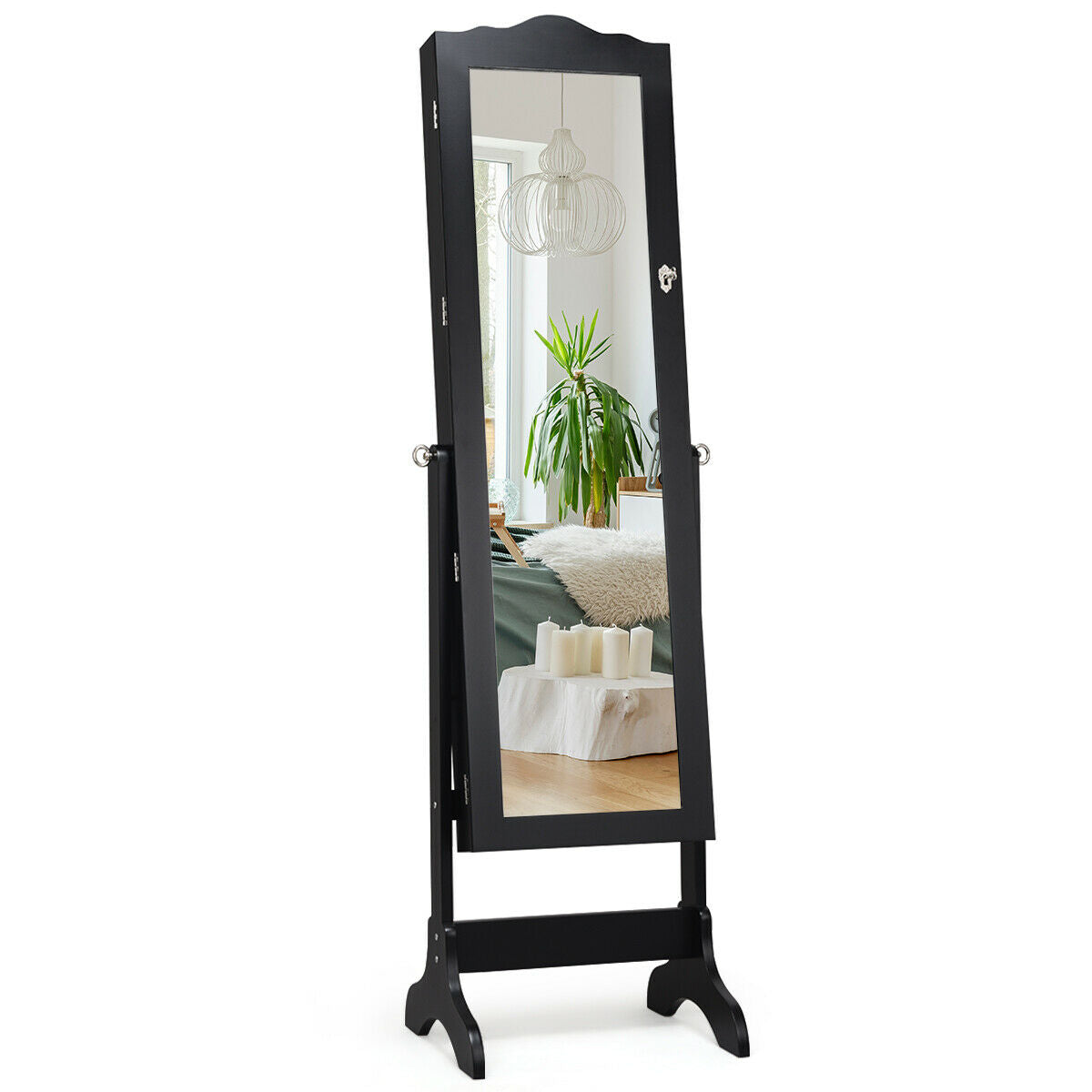 Mirrored Lockable Jewelry Cabinet Armoire Organizer Storage Box-Black