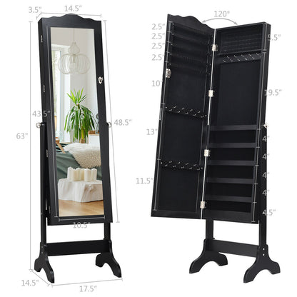 Mirrored Lockable Jewelry Cabinet Armoire Organizer Storage Box-Black