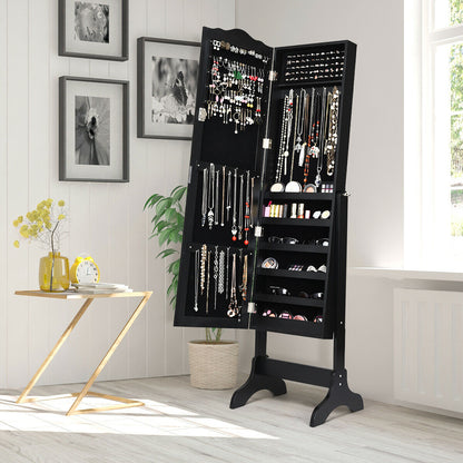 Mirrored Lockable Jewelry Cabinet Armoire Organizer Storage Box-Black