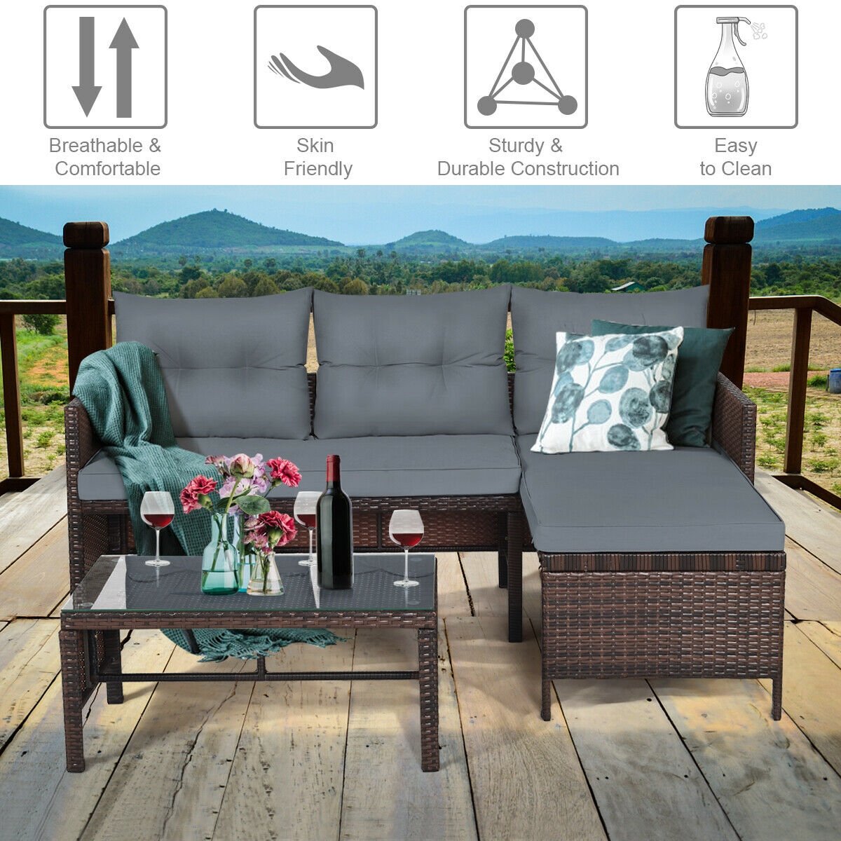 3 Pieces Patio Wicker Rattan Sofa Set-Beige