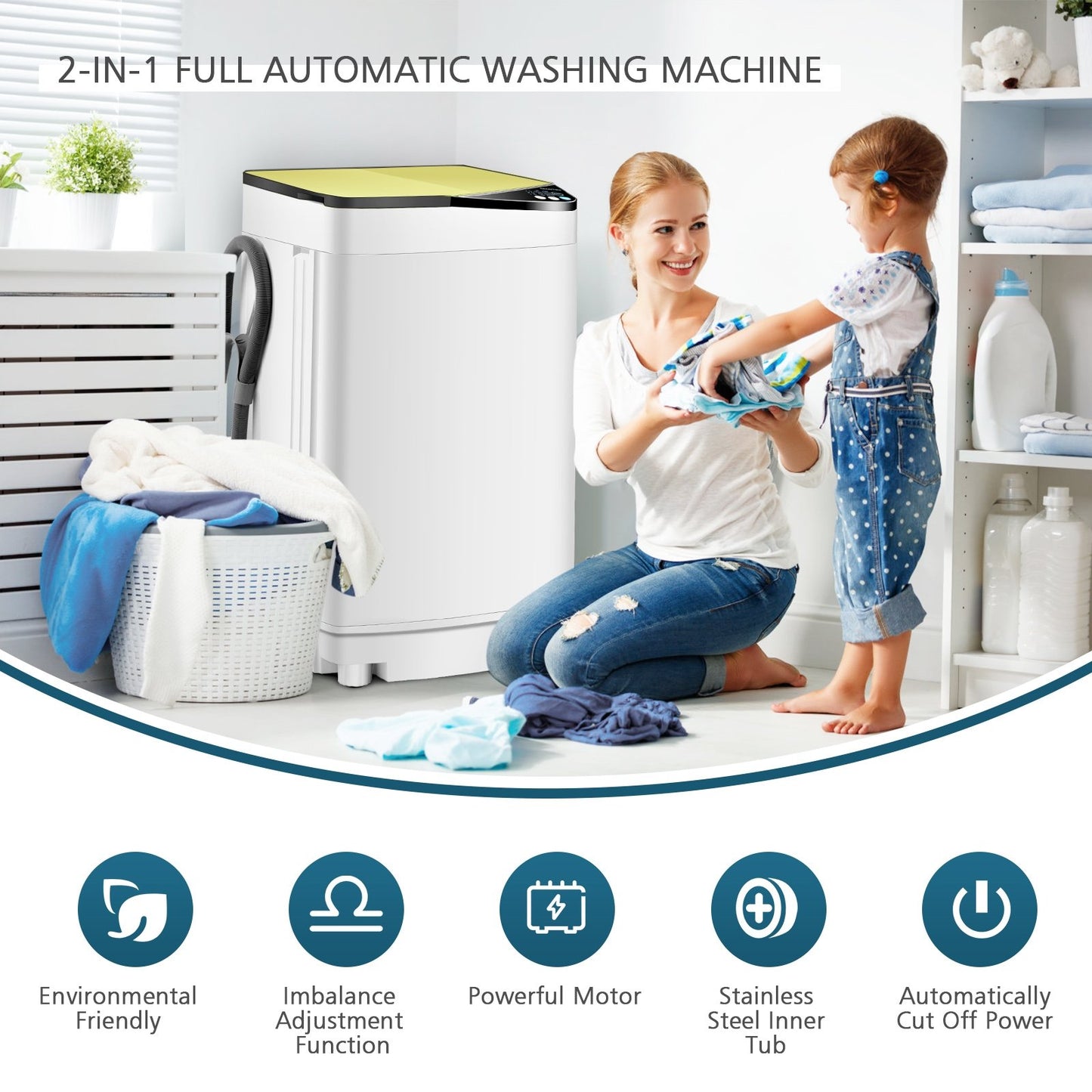 Full-automatic Washing Machine 7.7 lbs Washer / Spinner Germicidal-Yellow