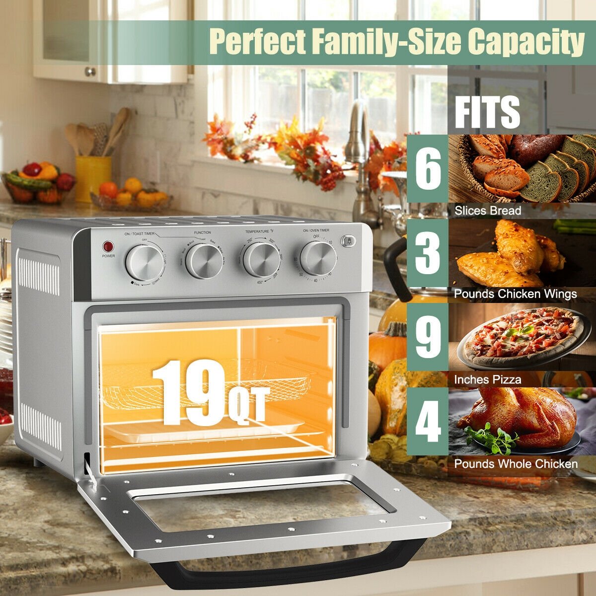 19 Qt Dehydrate Convection Air Fryer Toaster Oven with 5 Accessories-Green