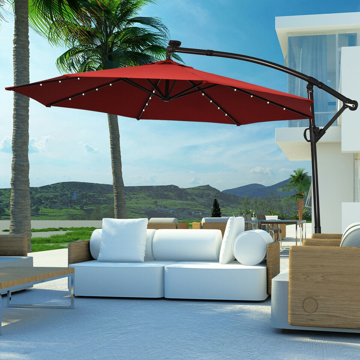 10 ft 360° Rotation Solar Powered LED Patio Offset Umbrella without Weight Base-Beige