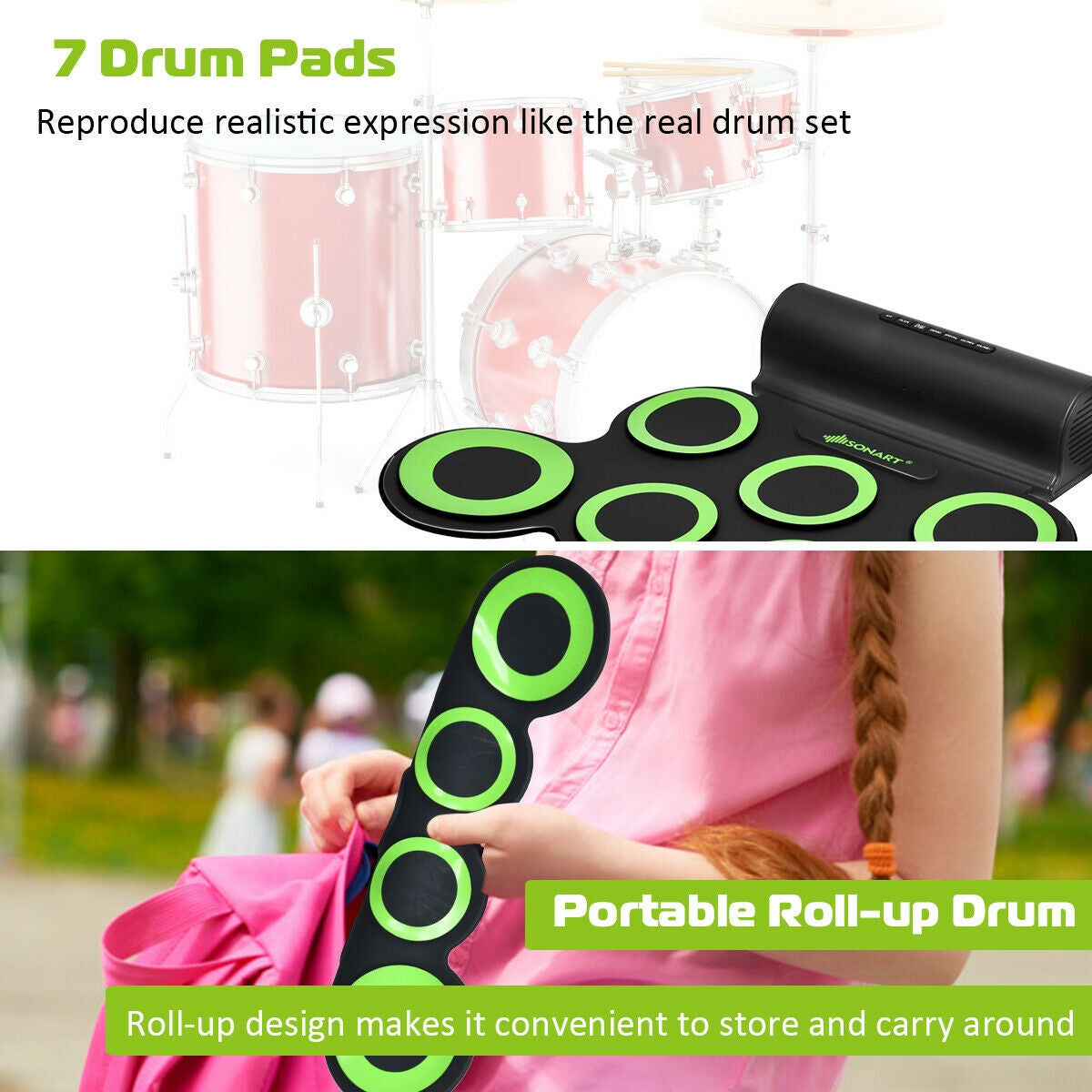 Set 7 Kit Electronic Roll Up Pads MIDI Drum -Green