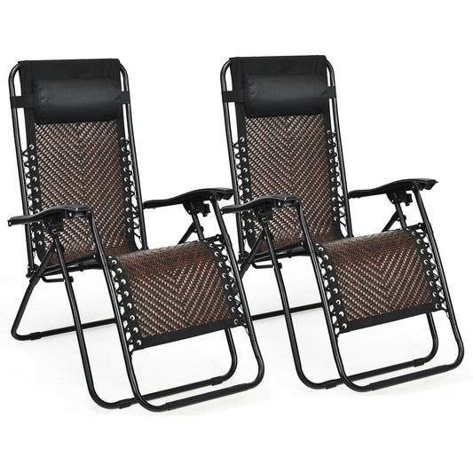 2 Pieces Folding Patio Rattan Zero Gravity Lounge Chair-Coffee