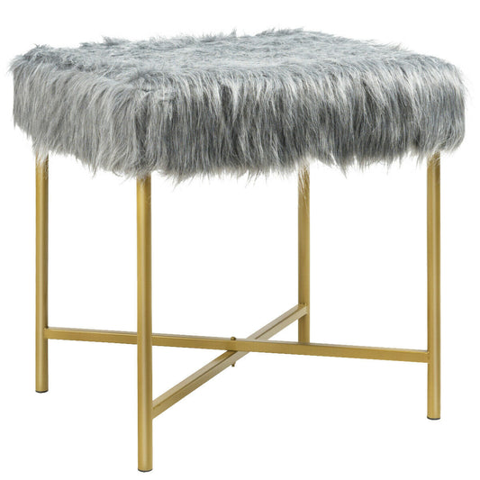 Faux Fur Ottoman Decorative Stool with Metal Legs-Gray