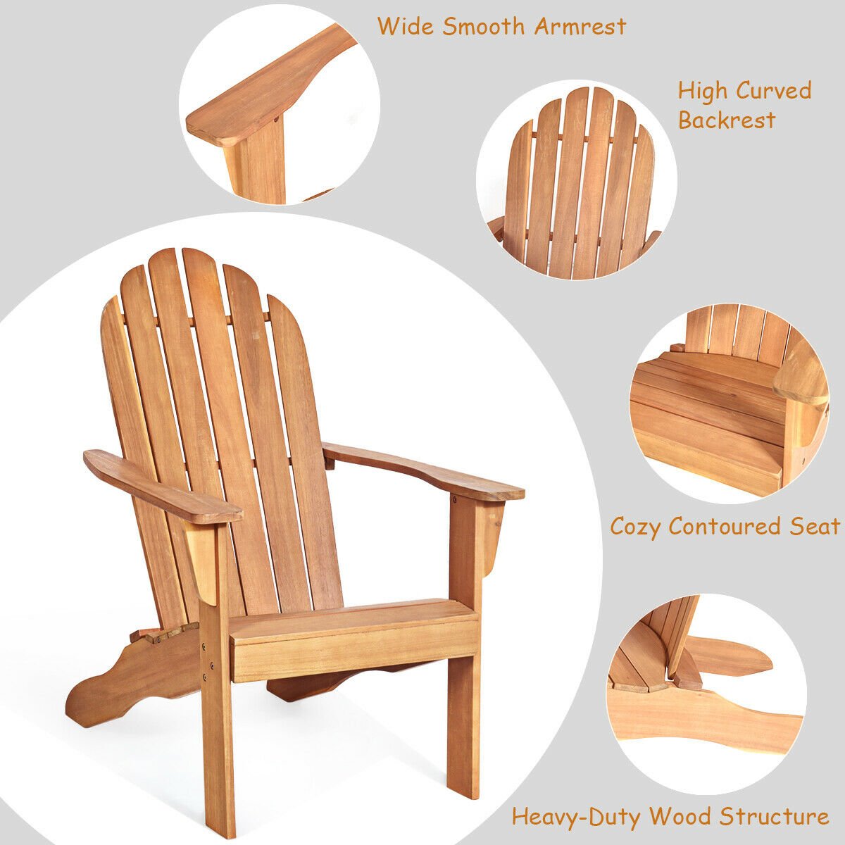 Acacia Wood Outdoor Adirondack Chair with Ergonomic Design-Natural