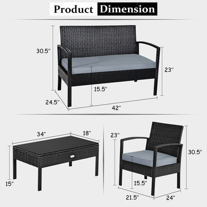 4 Pieces Patio Rattan Cushioned Furniture Set with Loveseat and Table-Black