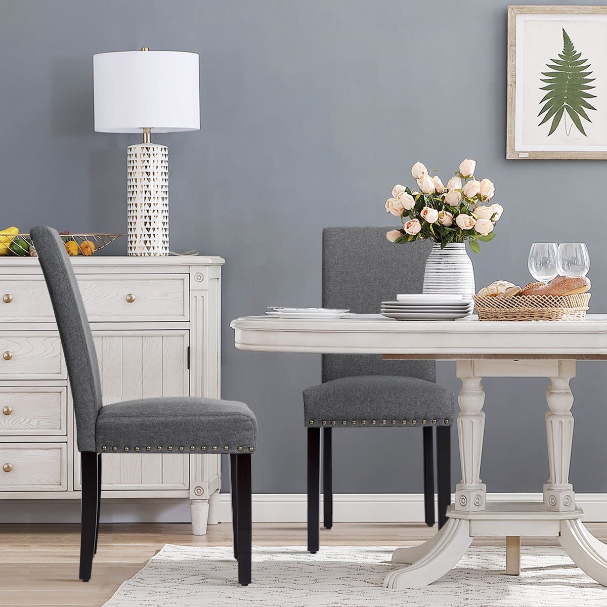 Set of 2 Fabric Upholstered Dining Chairs with Nailhead-Light Sage