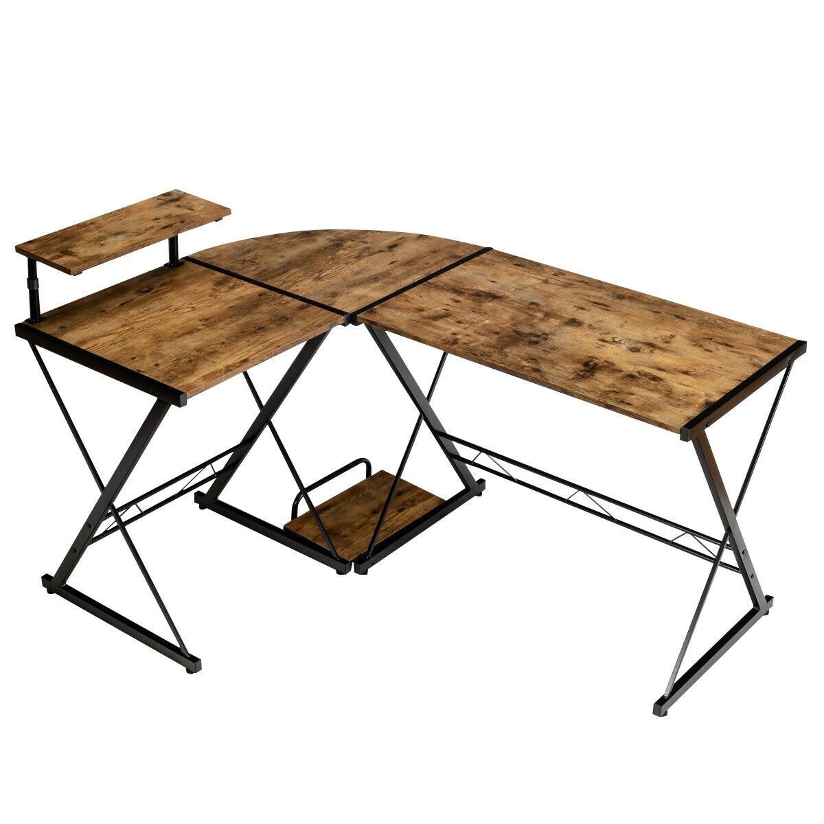L-Shaped Computer Gaming Desk with Monitor Stand and Host Tray-Black