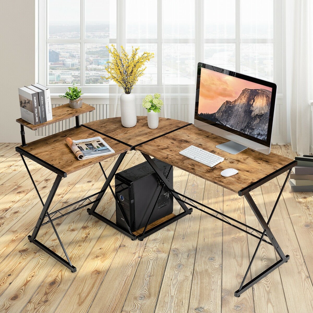 L-Shaped Computer Gaming Desk with Monitor Stand and Host Tray-Black