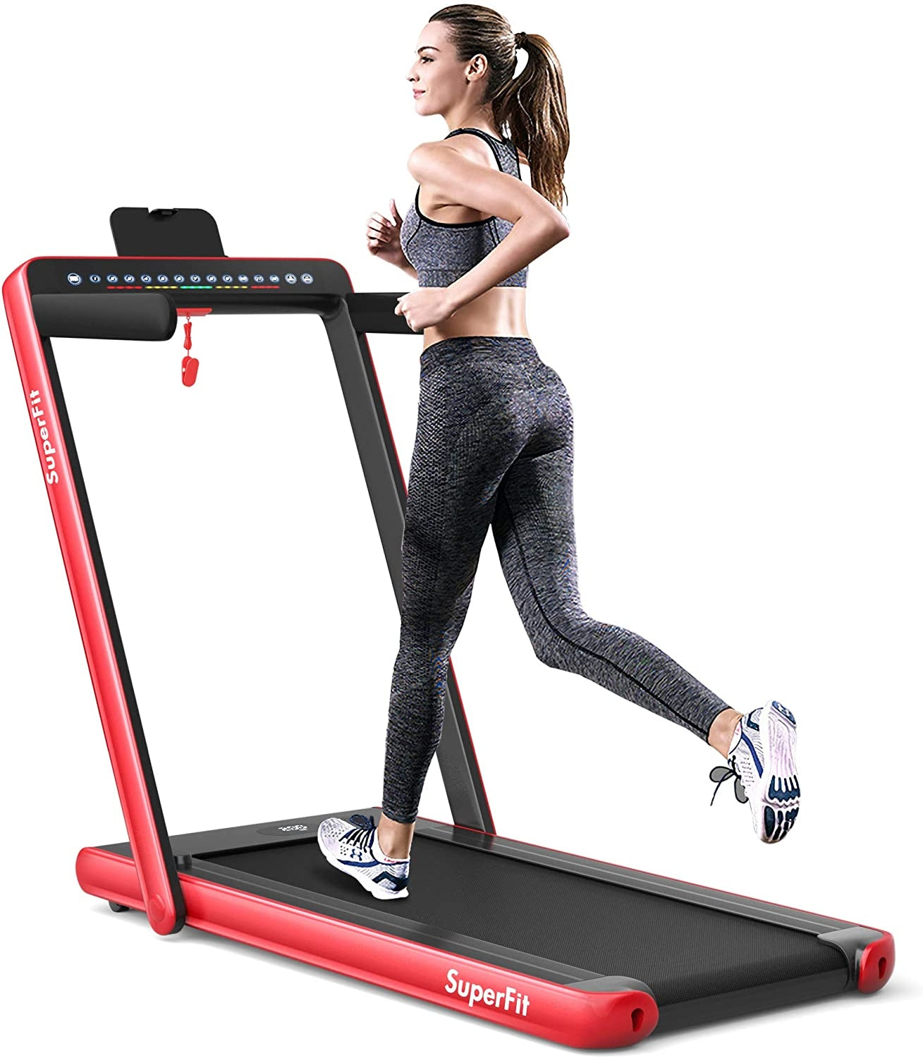 2-in-1 Electric Motorized Health and Fitness Folding Treadmill with Dual Display and Speaker-Red