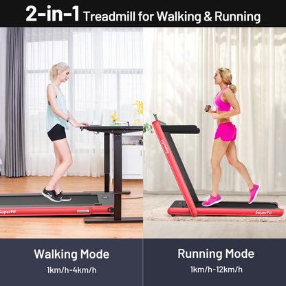 2-in-1 Electric Motorized Health and Fitness Folding Treadmill with Dual Display and Speaker-Red