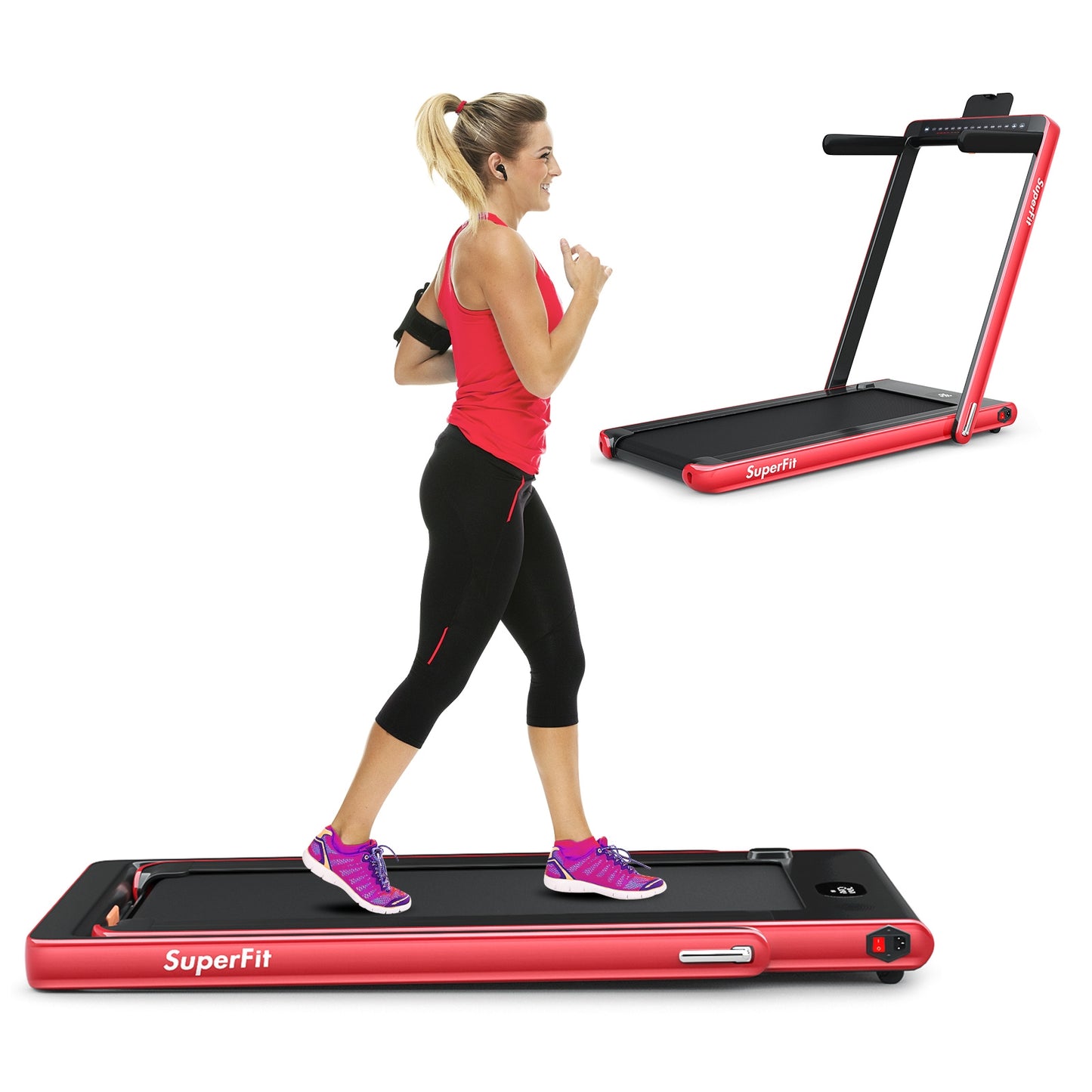 2-in-1 Electric Motorized Health and Fitness Folding Treadmill with Dual Display and Speaker-Red