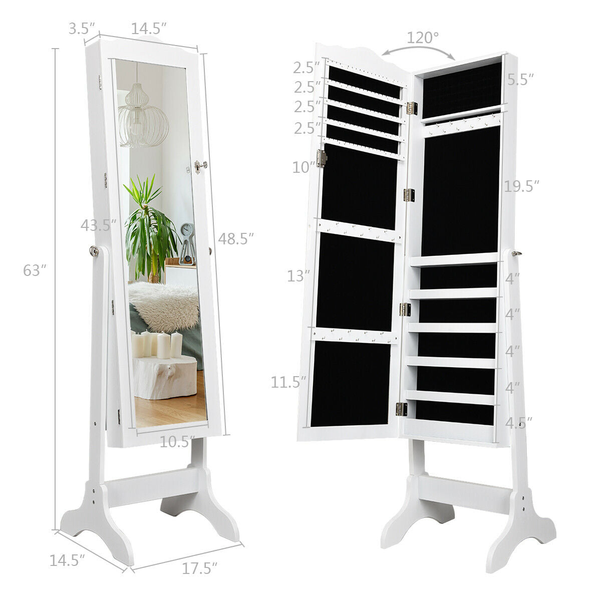 Mirrored Lockable Jewelry Cabinet Armoire Organizer Storage Box-White