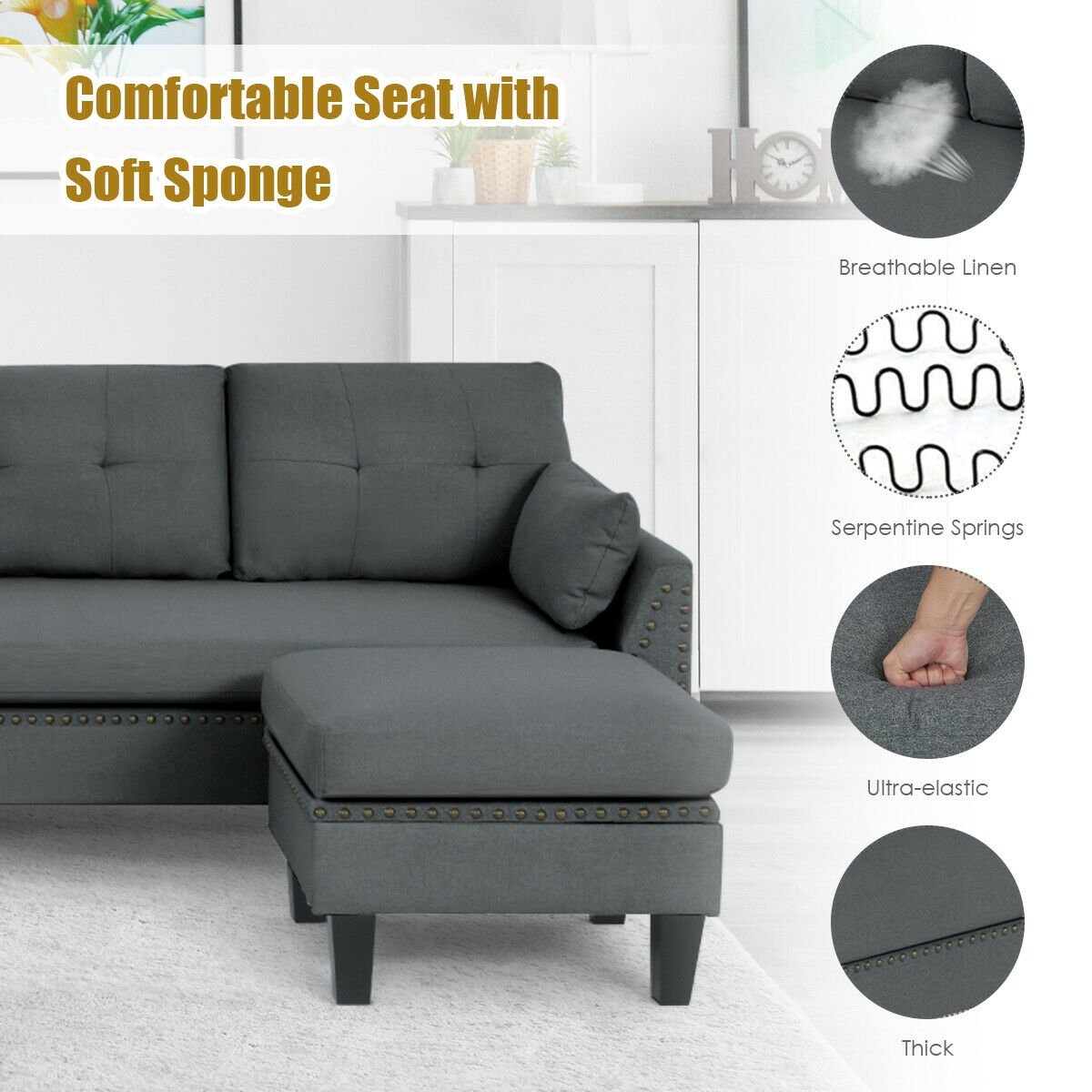 Reversible Sectional Sofa Couch L-Shaped Sofa Couch with Ottoman-Gray