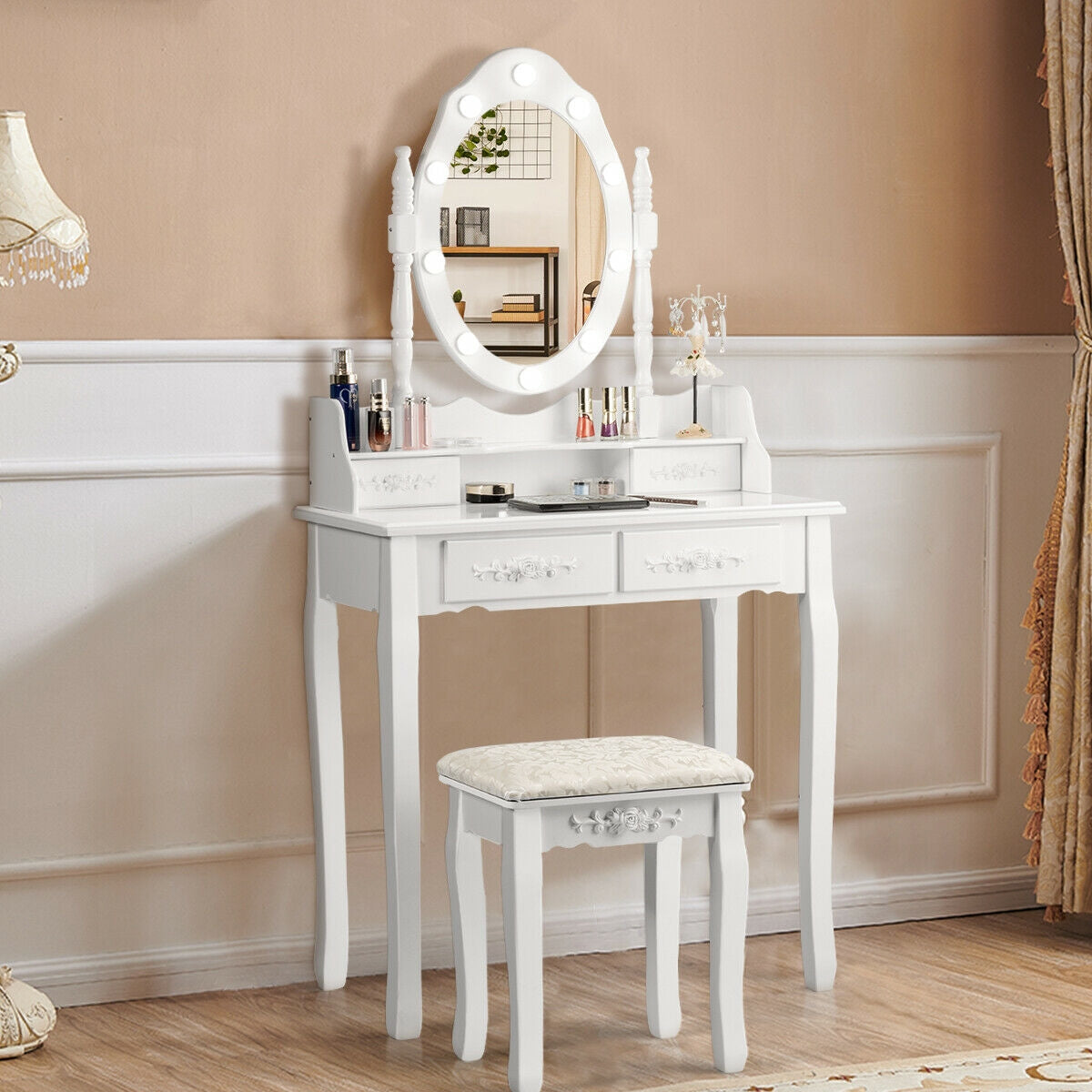 Vanity Table Set with Mirror and Soft Cushioned Stool-Black
