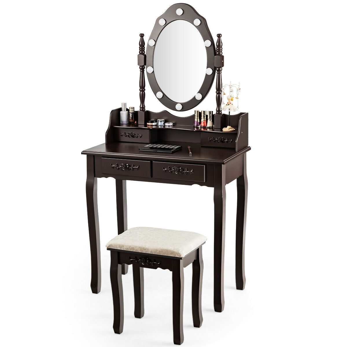 Vanity Table Set with Mirror and Soft Cushioned Stool-Coffee