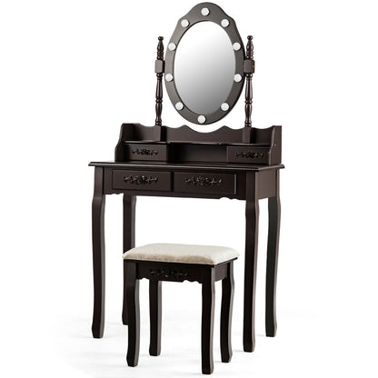 Vanity Table Set with Mirror and Soft Cushioned Stool-Coffee