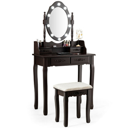 Vanity Table Set with Mirror and Soft Cushioned Stool-Coffee