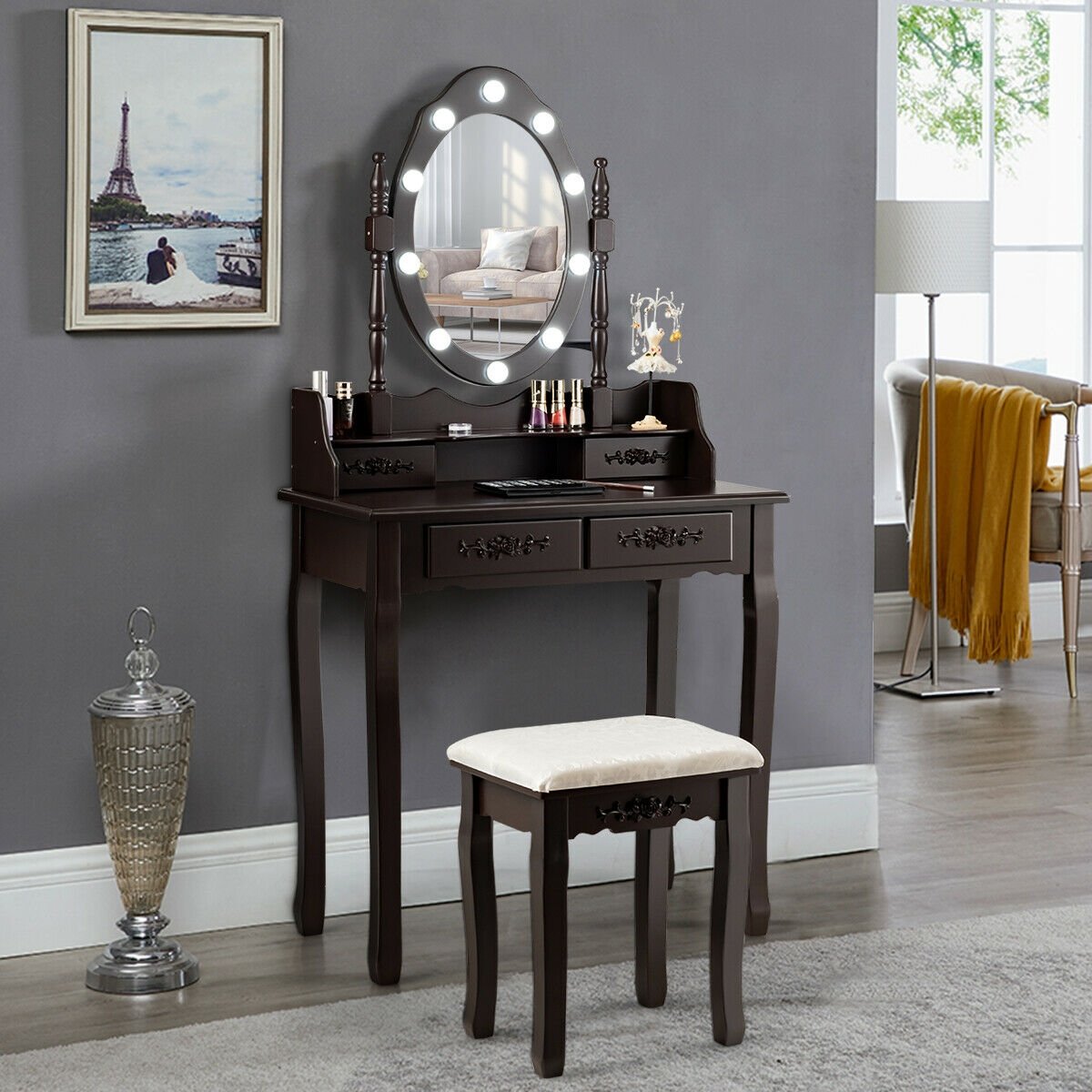 Vanity Table Set with Mirror and Soft Cushioned Stool-Coffee