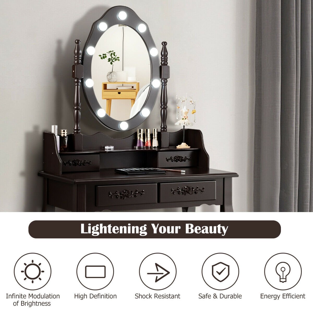 Vanity Table Set with Mirror and Soft Cushioned Stool-Black