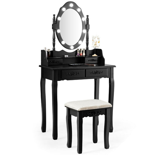 Vanity Table Set with Mirror and Soft Cushioned Stool-Black