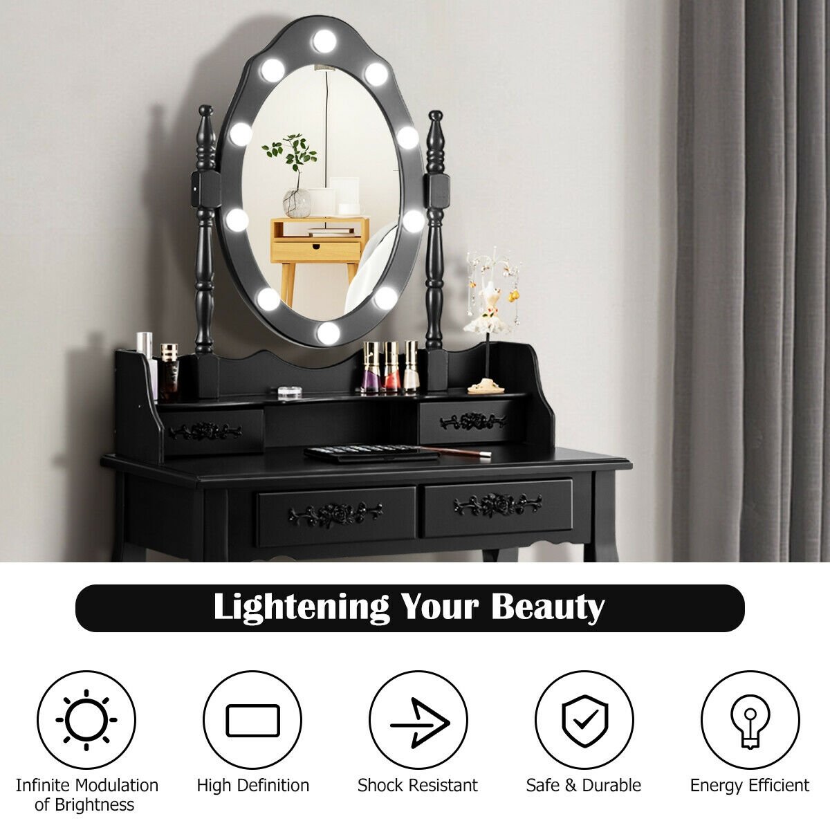 Vanity Table Set with Mirror and Soft Cushioned Stool-Black
