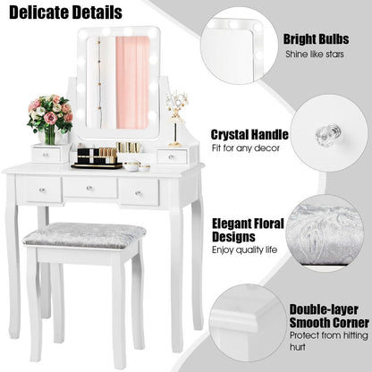 Vanity Dressing Table Set with 10 Dimmable Bulbs and Cushioned Stool-Black