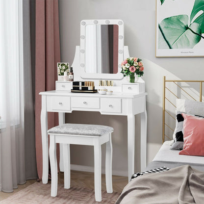 Vanity Dressing Table Set with 10 Dimmable Bulbs and Cushioned Stool-Black