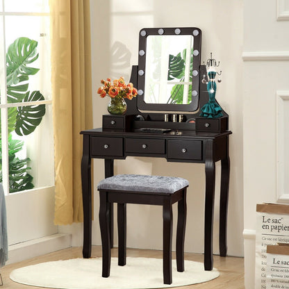 Vanity Dressing Table Set with 10 Dimmable Bulbs and Cushioned Stool-Black
