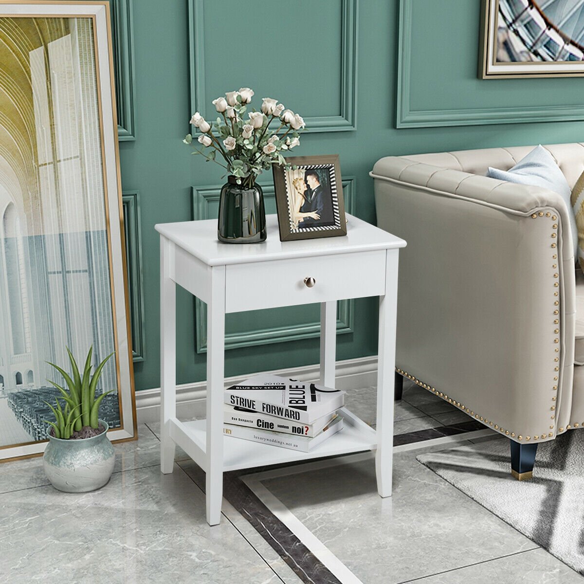 Wooden Bedside Sofa Table with Sliding Drawer-Brown