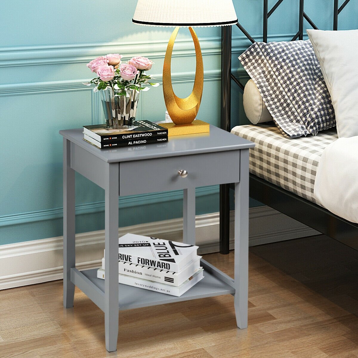 Wooden Bedside Sofa Table with Sliding Drawer-Brown