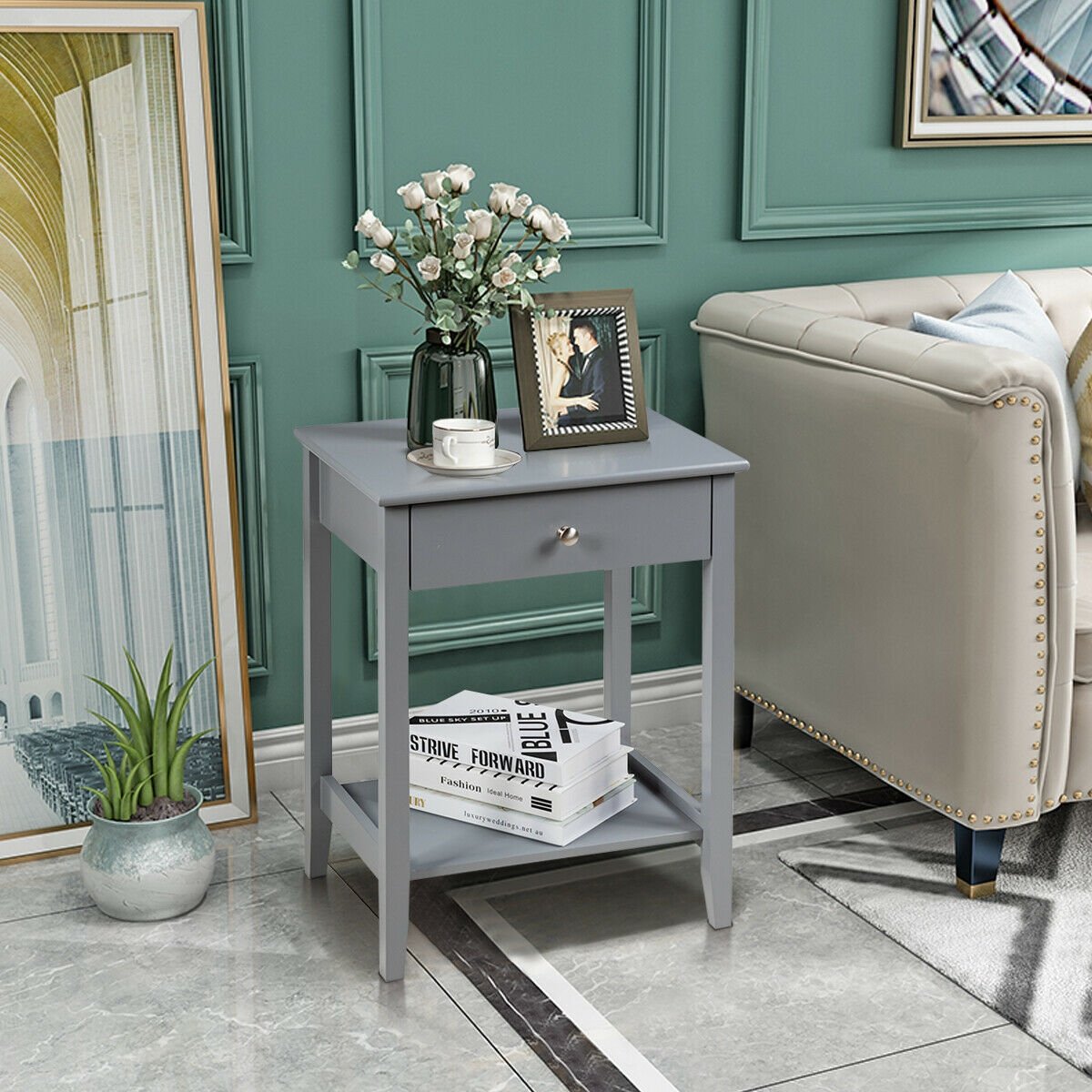 Wooden Bedside Sofa Table with Sliding Drawer-Brown