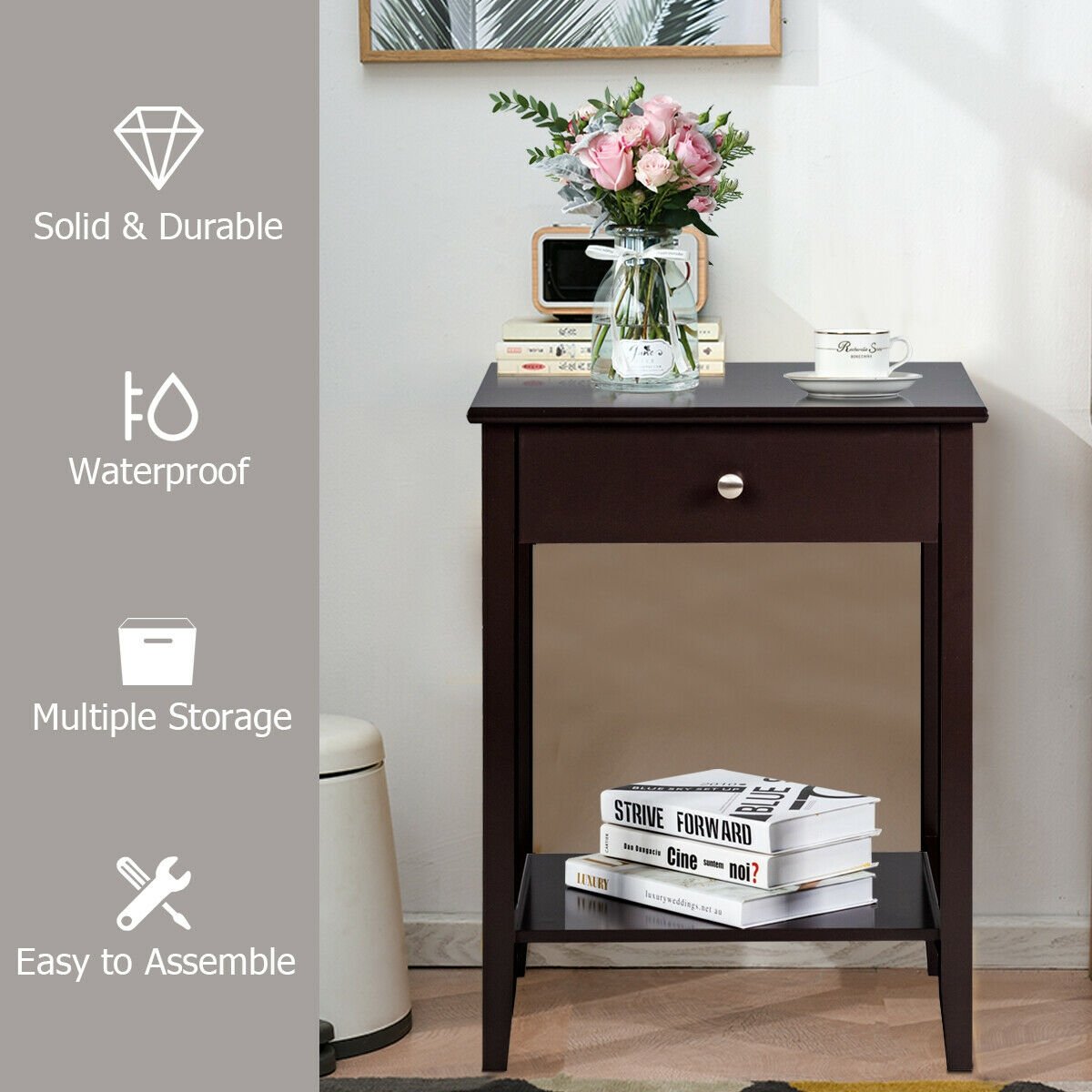Wooden Bedside Sofa Table with Sliding Drawer-Brown