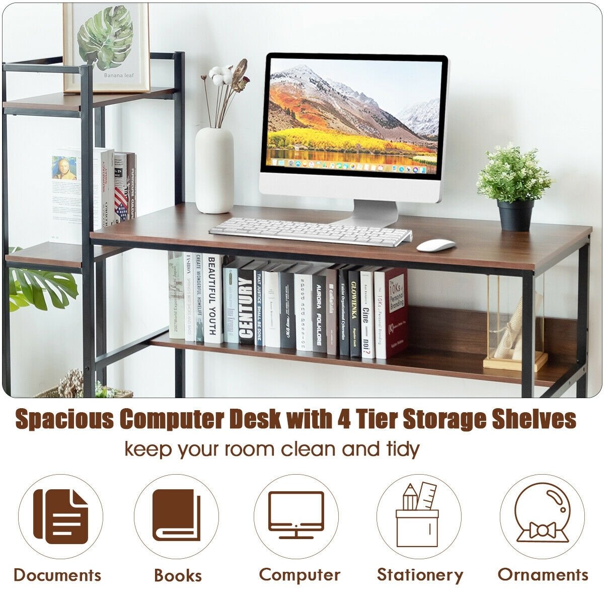 59-Inch Computer Desk Home Office Workstation 4-Tier Storage Shelves-Black