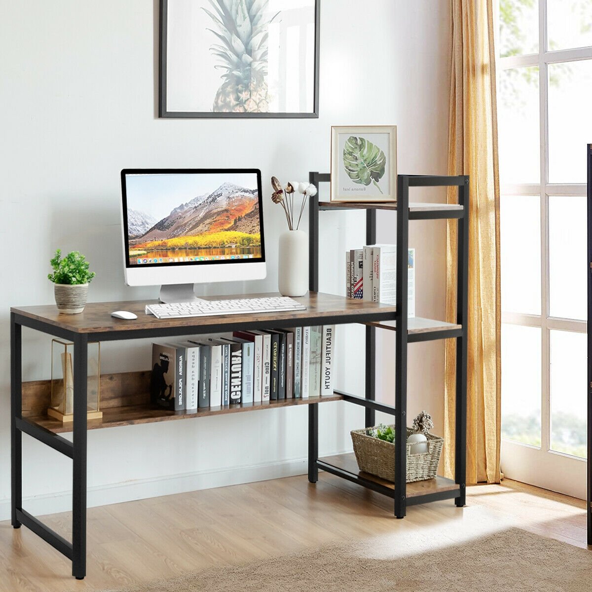 59-Inch Computer Desk Home Office Workstation 4-Tier Storage Shelves-Black