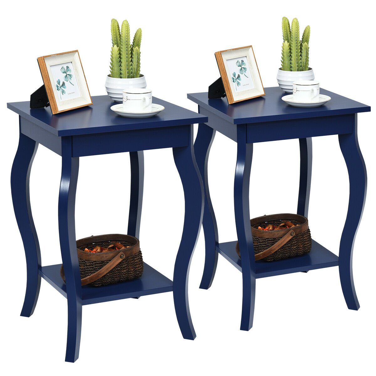 Set of 2 Side Table End Table Night Stand with Shelf-Black