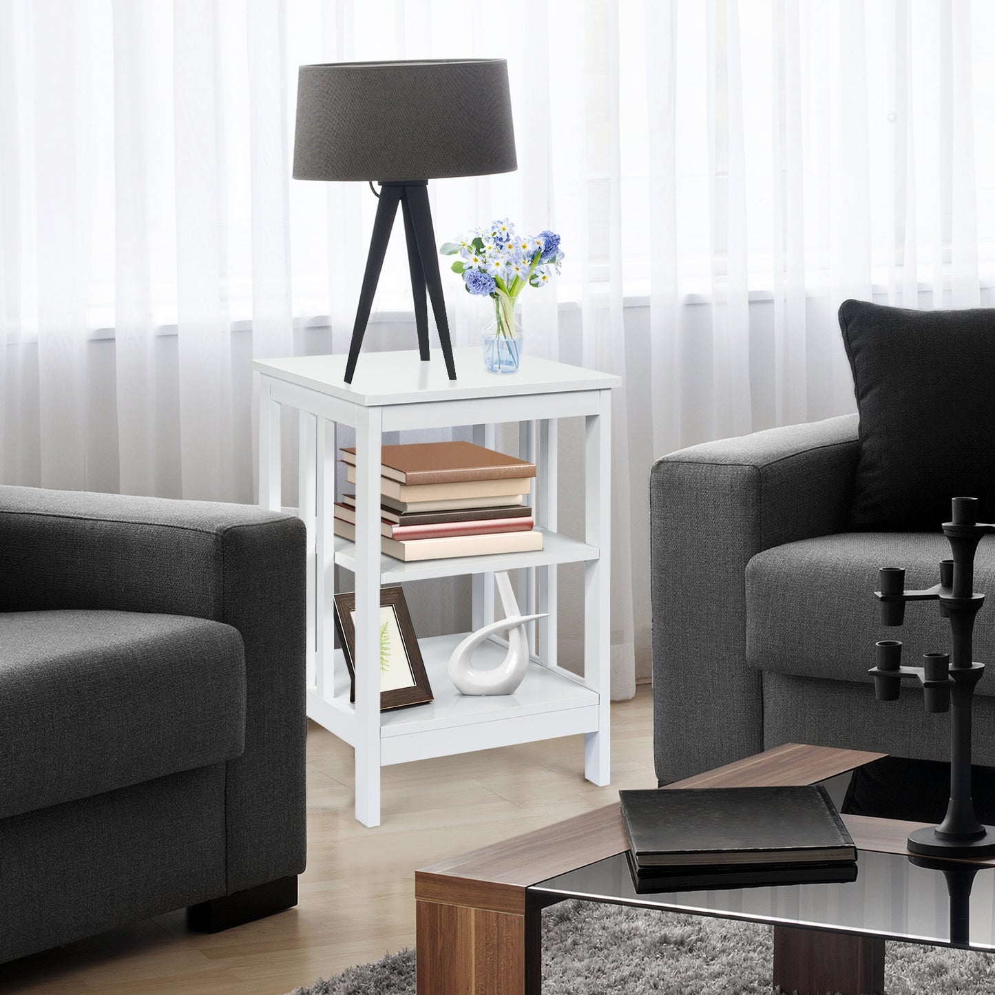 3-tier Side Table Nightstand with Stable Structure-White