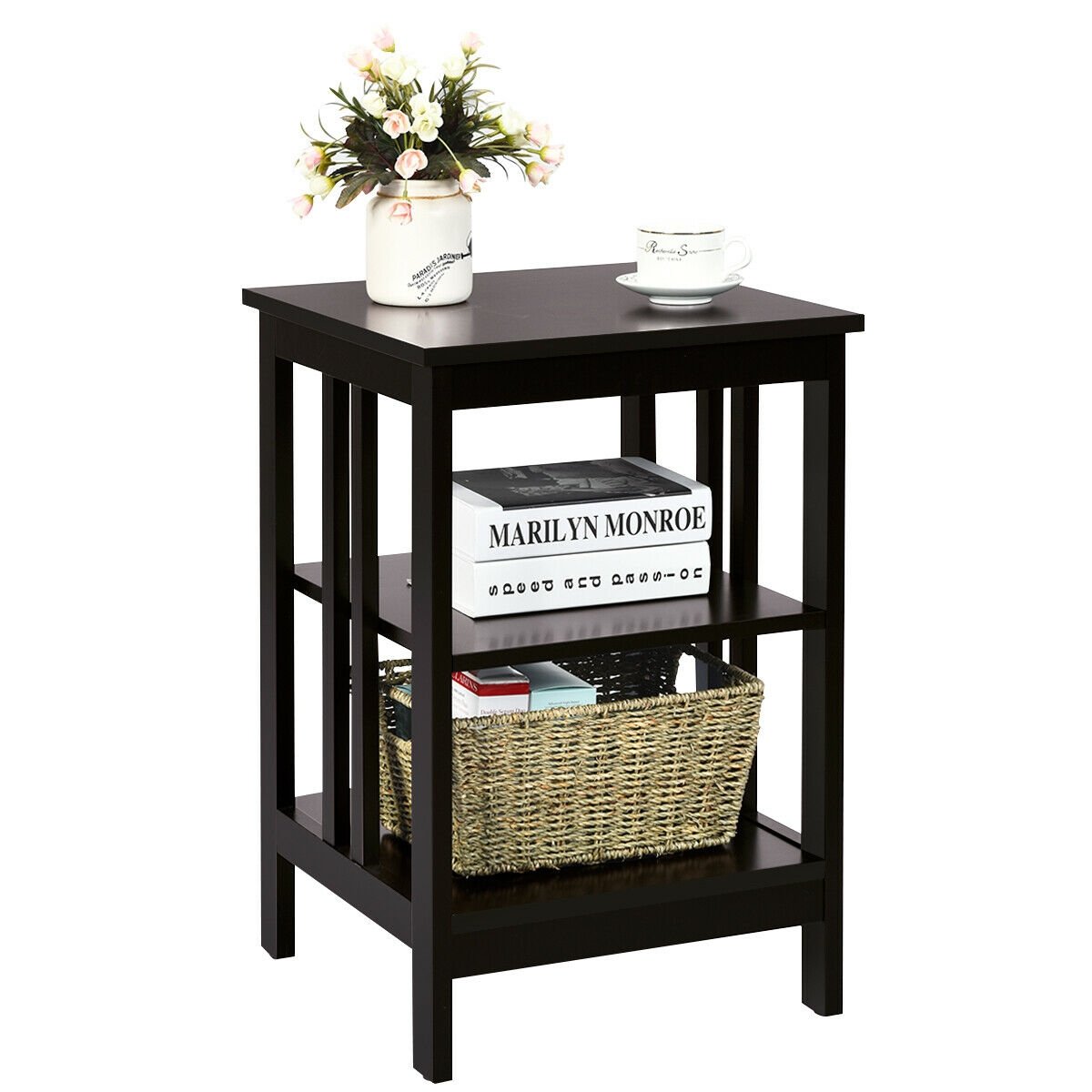 3-tier Side Table Nightstand with Stable Structure-Black