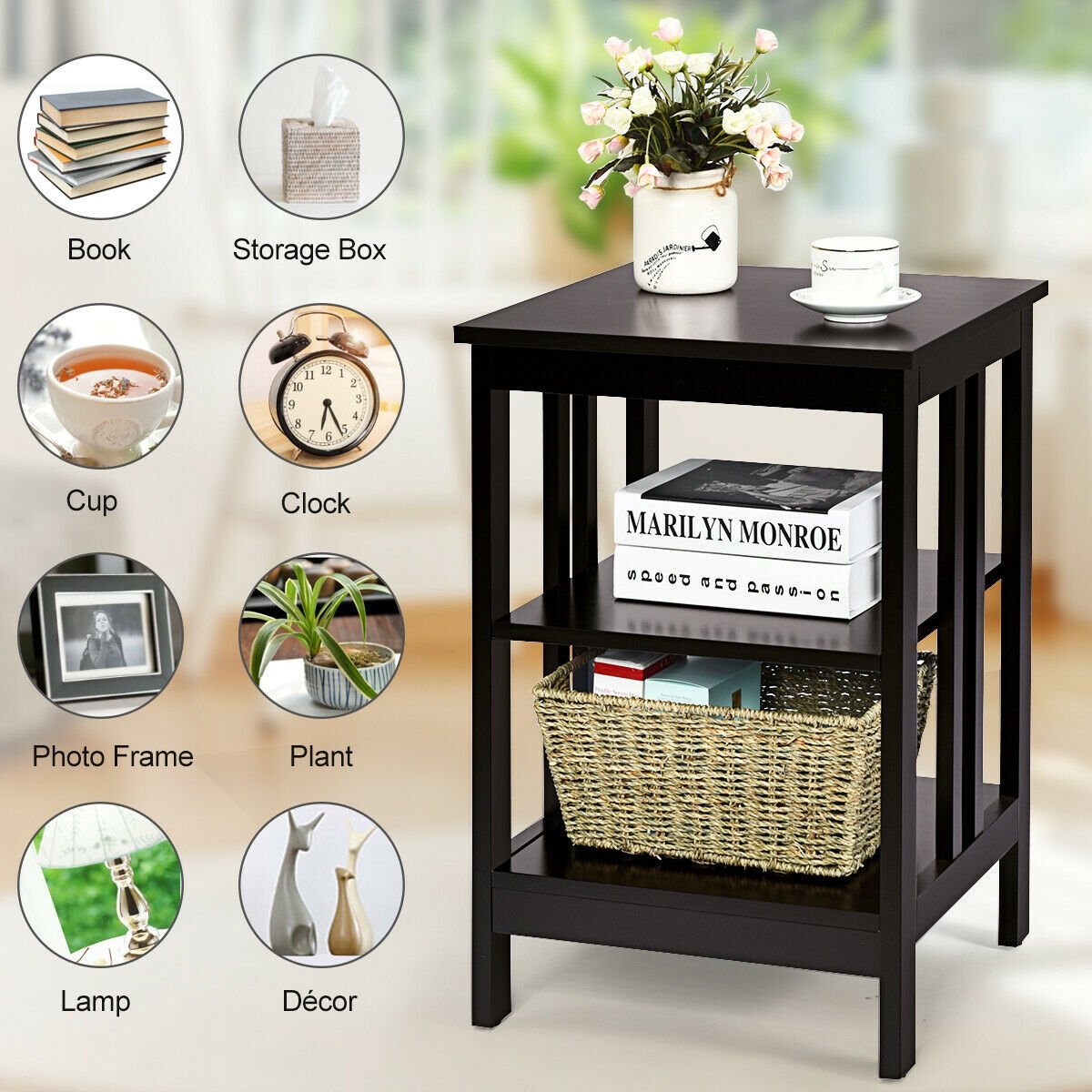 3-tier Side Table Nightstand with Stable Structure-Black