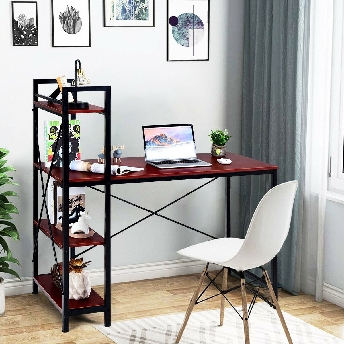 47.5 Inch Writing Study Computer Desk with 4-Tier Shelves-Black
