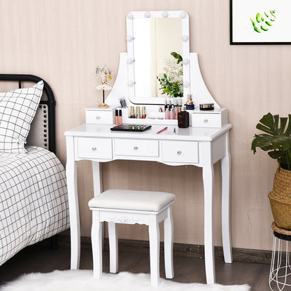 10 Dimmable Light Bulbs Vanity Dressing Table with 2 Dividers and Cushioned Stool-Black