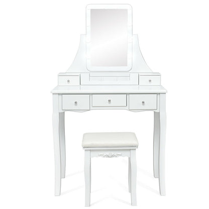 10 Dimmable Light Bulbs Vanity Dressing Table with 2 Dividers and Cushioned Stool-Black