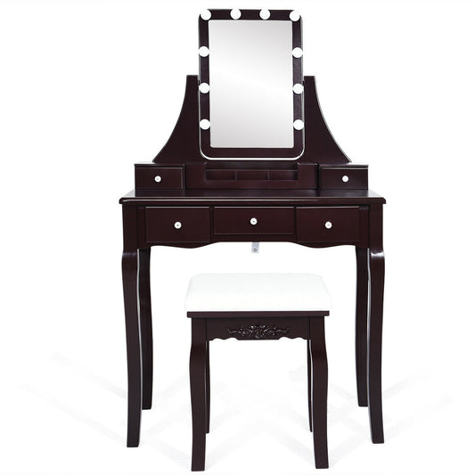 10 Dimmable Light Bulbs Vanity Dressing Table with 2 Dividers and Cushioned Stool-Brown