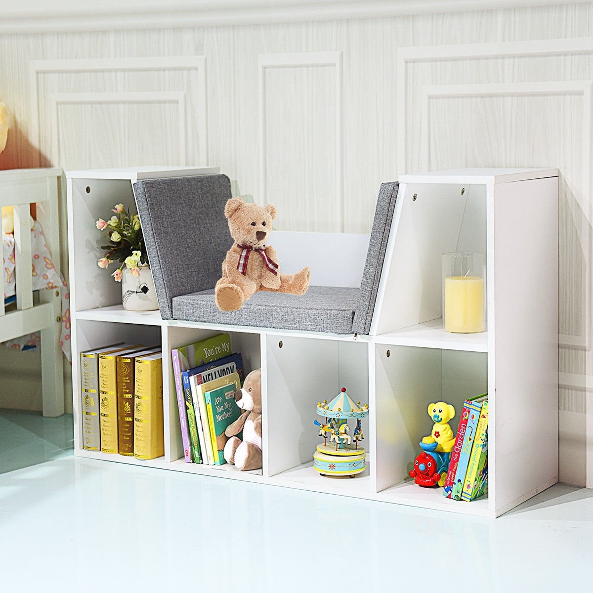 6-Cubby Kid Storage Bookcase Cushioned Reading Nook-Brown